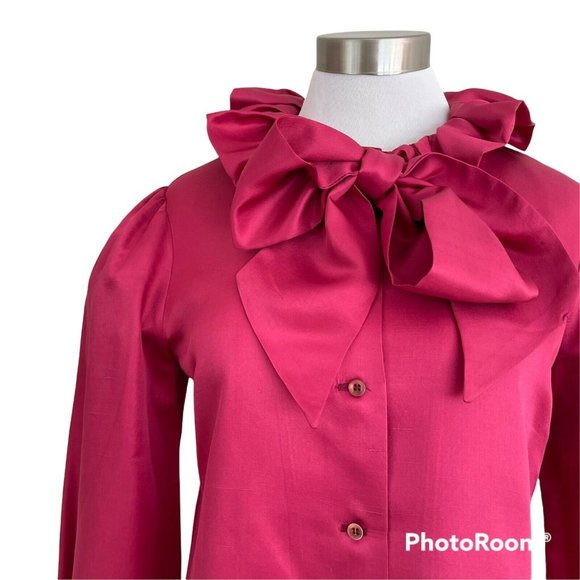 Vintage 1970’s Cranberry Silk Pussy Bow Blouse Samuel Roberts Puff Sleeve Top - Picture 4 of 9
